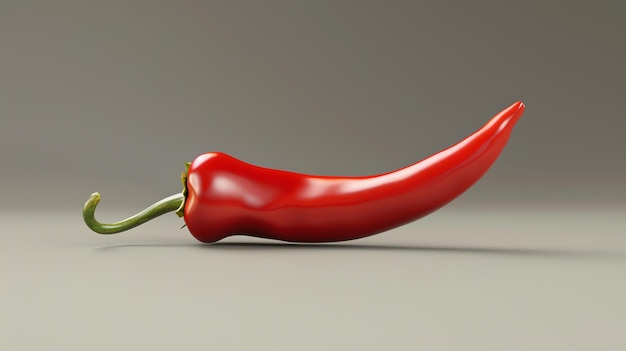 Een 3D-weergave van een rode chili peper op een grijze achtergrond De peper is glad en glanzend en ligt op zijn zij