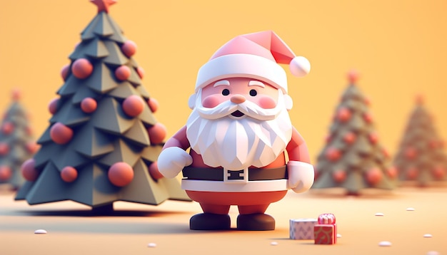 een 3D-weergave van een schattige kerstman en kerstboom