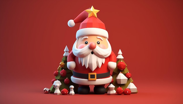 een 3D-weergave van een schattige kerstman en kerstboom