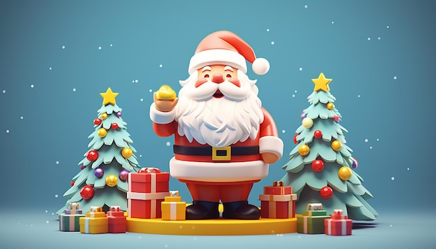 een 3D-weergave van een schattige kerstman en kerstboom