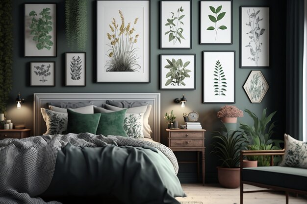 Een 3D-weergave van een slaapkamer met een galerijmuur van botanische afdrukken in vintage frames