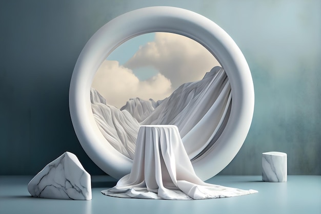 Een 3D-weergave van een stoel en bergen in een blauwe kamer.
