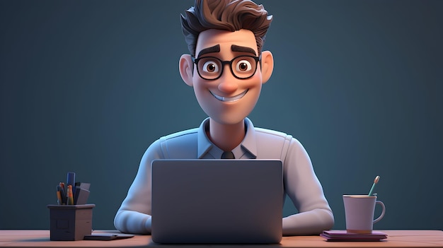 Een 3D-weergave van een vrolijk IT-professionele personage