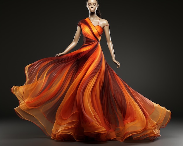een 3D-weergave van een vrouw in een oranje jurk