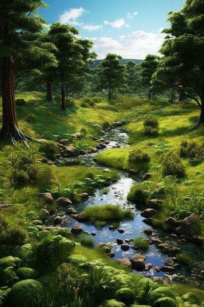 een 3D-weergave van een weelderig groen landschap verdeeld door een kronkelende rivier