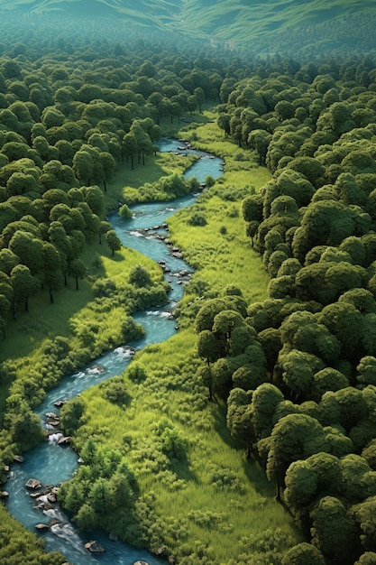 een 3D-weergave van een weelderig groen landschap verdeeld door een kronkelende rivier