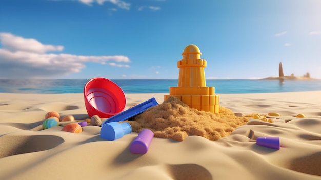 Een 3D-weergave van strandspellen zoals een frisbee strandpaddle