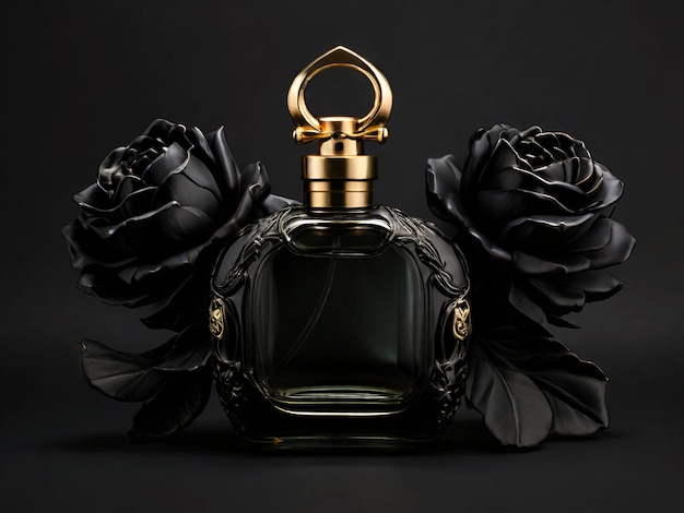 Een 3D zwarte parfumfles wordt gefotografeerd.