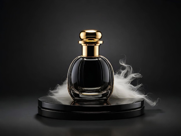 Een 3D zwarte parfumfles wordt gefotografeerd.