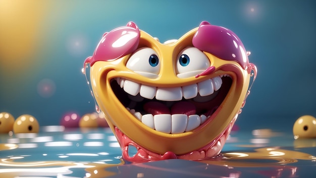 Een 3Dgerenderde smileytand cartoon gezicht met een ondeugende grijns splash achtergrond