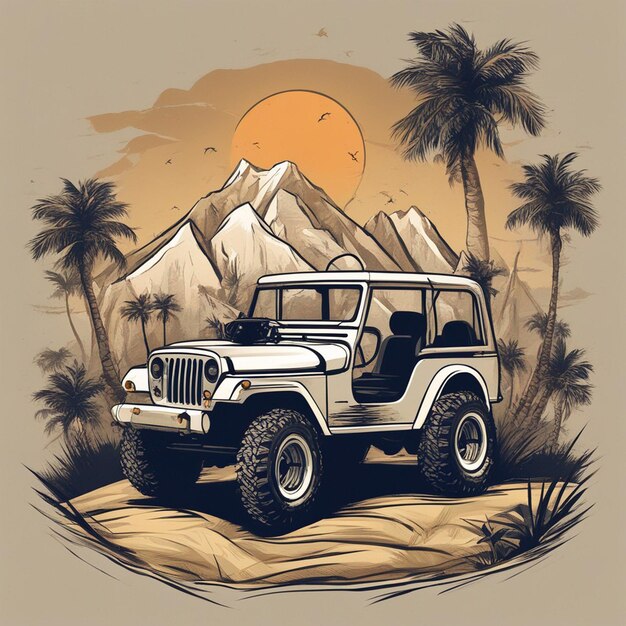 Een 4x4 offroad Tshirt Design logo klassiek detail vector 4k jeep Palmbomen