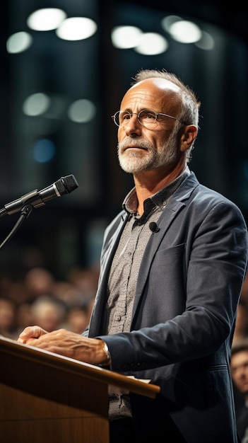 een 50-jarige professor die op het podium spreekt