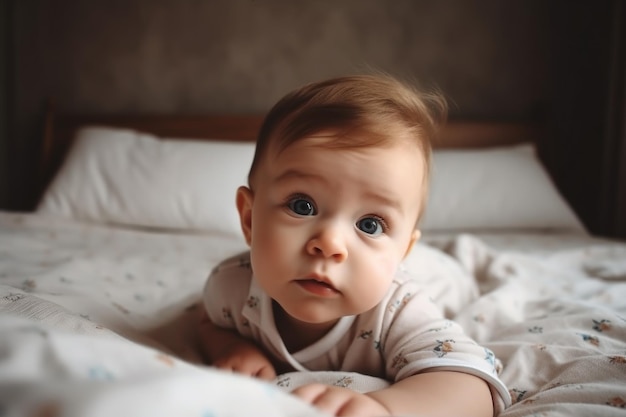 Een aanbiddelijke babyjongen die op een bed ligt