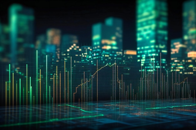 Een aandelengrafiek en marktgegevens worden weergegeven tegen een donkere achtergrond
