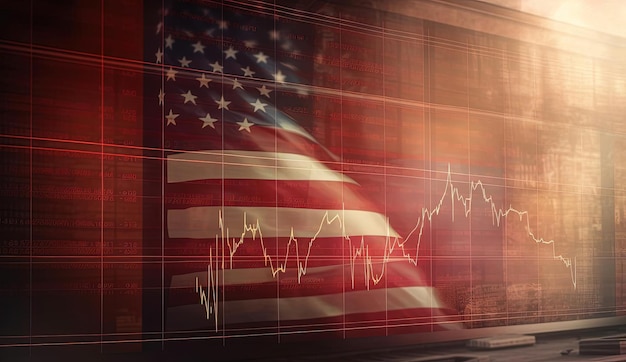 een aandelengrafiek met de achtergrond van de Amerikaanse vlag in de stijl van licht kastanjebruin en rood