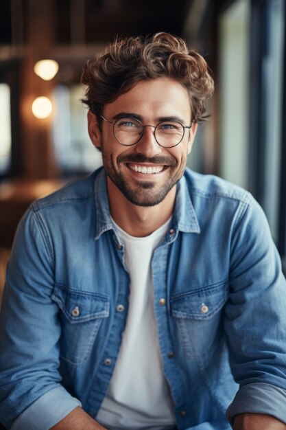 Een aangename jonge man met een bril. Generatieve AI.