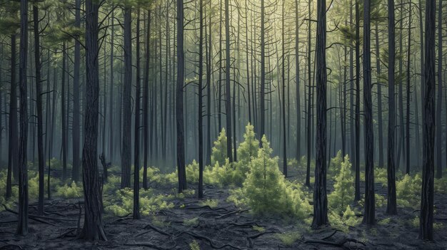 Een aangrijpende afbeelding van een hergroei van bossen na een bosbrand