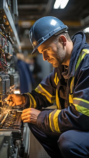 Een aannemer voor onderhoud inspecteert dieselgeneratoren