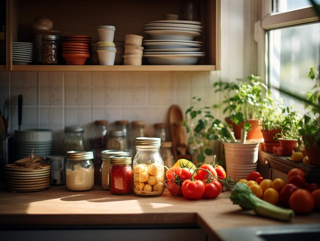 een aanrecht met een pot tomaten, tomaten en andere potten