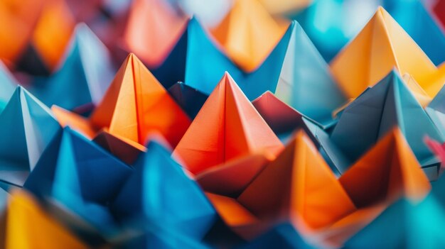 Een aantal driehoekige origami-eenheden, elk gevouwen uit een andere grootte papier, de verschillende maten en