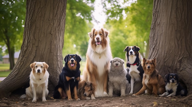 Foto een aantal goed geklede honden staan onder een grote boom en kijken naar de camera