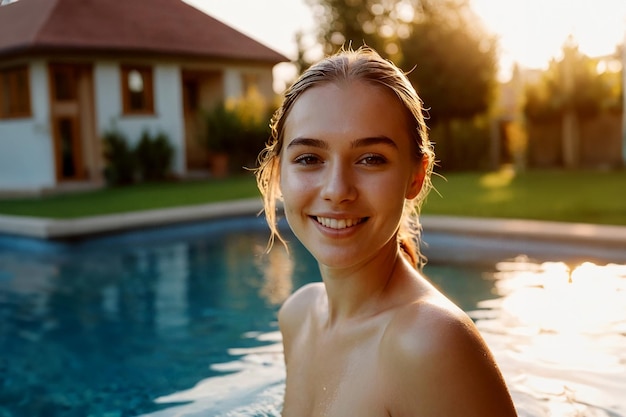 Een aantrekkelijk jong meisje met lang haar zwemt in haar zwembad.