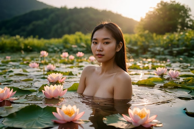 Een aantrekkelijk jong meisje van Aziatisch uiterlijk badt in een meer.