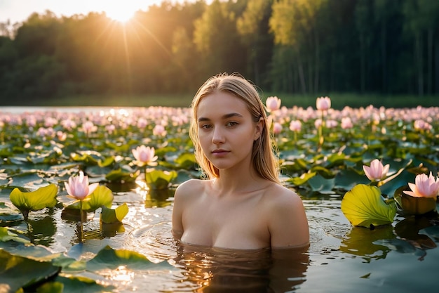 Een aantrekkelijk meisje met lang haar badt in een meer.
