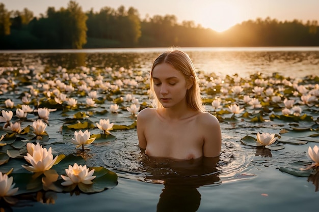 Een aantrekkelijk meisje met lang haar badt in een meer.