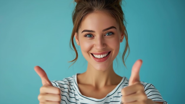 Een aantrekkelijk portret van een jonge vrouw met haar vinger die naar je wijst op een schone achtergrond