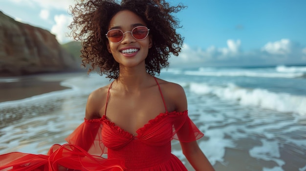 Een aantrekkelijke Afrikaanse vrouw in een rode zonnekleed en een zonnebril die op het strand danst. Een Afrikaanse vrouw met een rode zondekleed die plezier heeft op het strand.