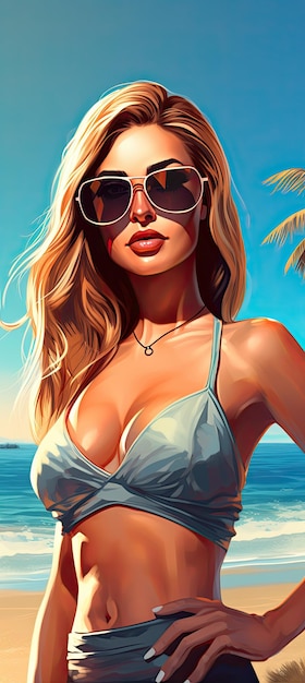 Een aantrekkelijke illustratie van het vrouwelijke draagbikini en zonnebril tropische strand