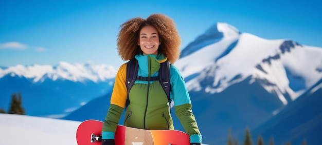 Een aantrekkelijke jonge skiër met krullend haar en een gelukkige glimlach poseert met een snowboard in haar