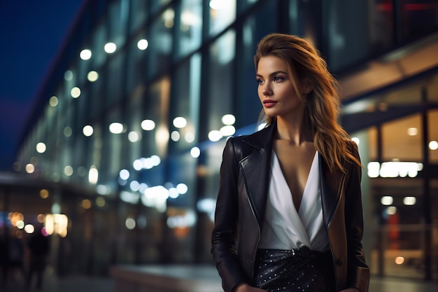 Een aantrekkelijke vrouw in vrijetijdskleding loopt 's avonds op straat in de stad