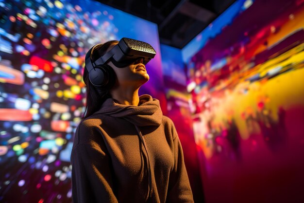 Een aantrekkelijke vrouw met een virtual reality-bril die de omgekeerde wereld van digitale kunst verkent