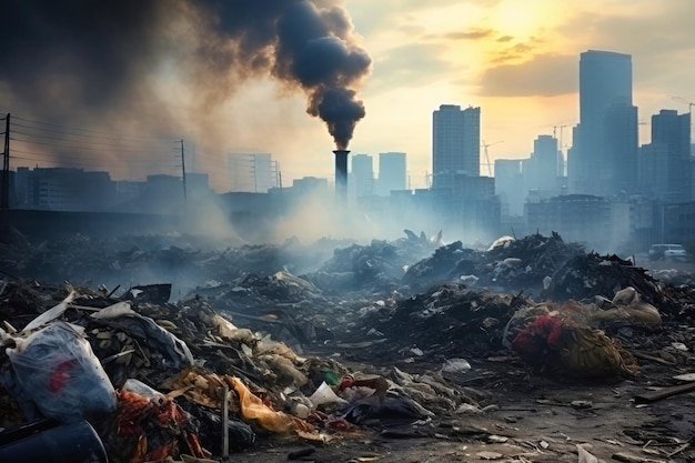 Een aanzienlijke hoeveelheid rook komt uit een vuilnisbelt van de stad, wat wijst op milieuvervuiling en ecologische zorgen.