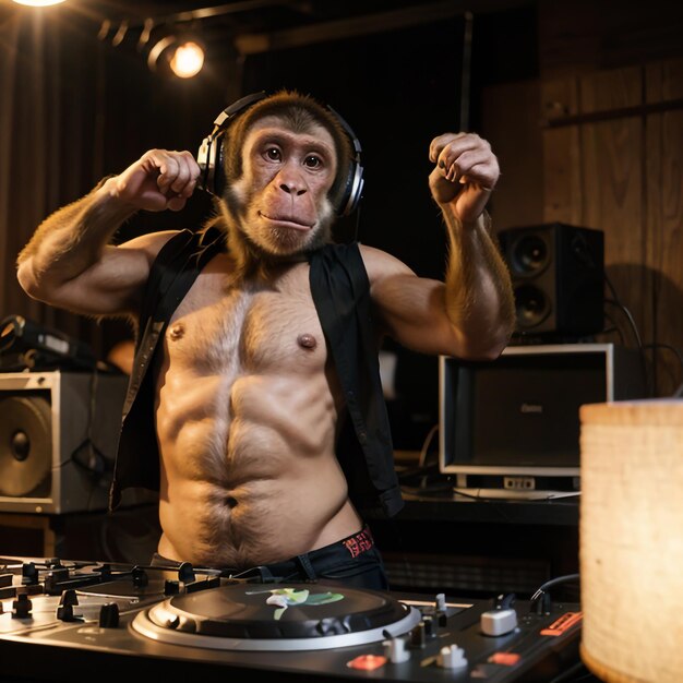 Foto een aap die dj-muziek speelt