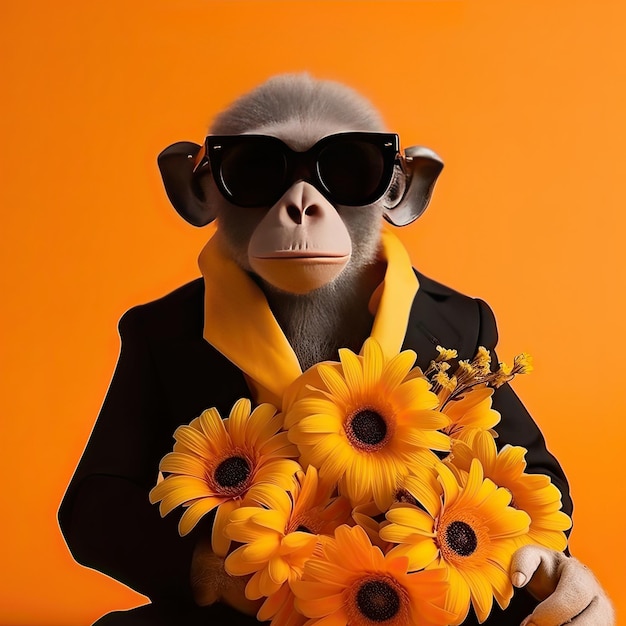 Een aap die een bos gele zonnebloemen vasthoudt Generatieve Ai