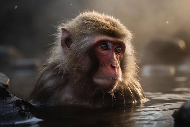 Een aap die in een vijver zwemt terwijl de zon op zijn gezicht schijnt.