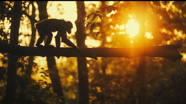 Een aap die op een houten stam in het bos loopt.