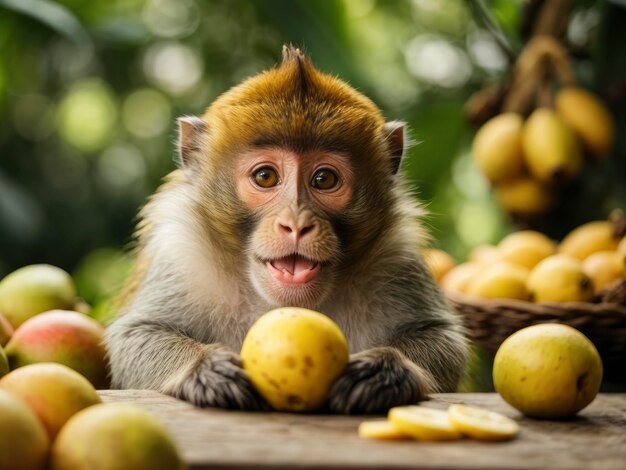 een aap die op een tafel zit met een bos fruit voor hem