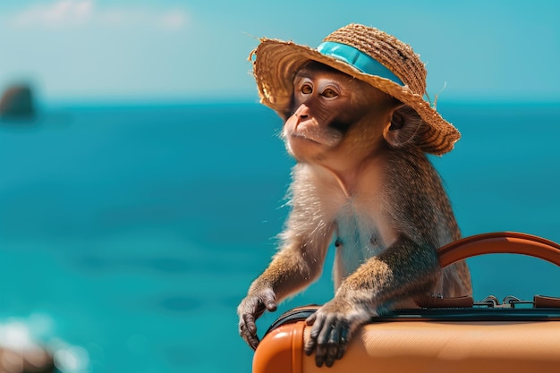 Een aap in een hoed met een grote koffer aan de kust het concept van een zomervakantie