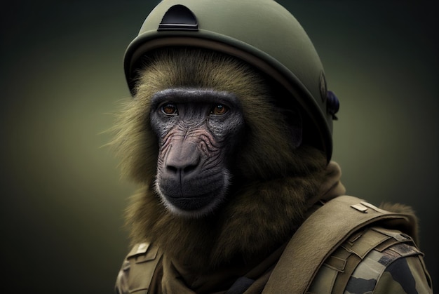 Een aap in een militaire helm