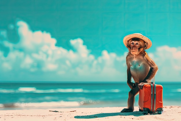 Een aap in een strohoed met een rode koffer bij de zee het concept van een zomervakantie