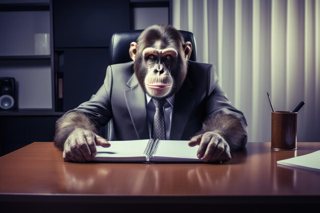 Een aap in een zakenpak zit aan een bureau in het kantoor.