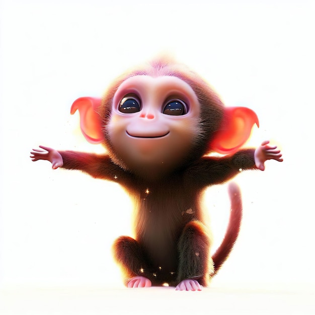 Een aap met blauwe ogen kijkt omhoog en de armen zijn open.