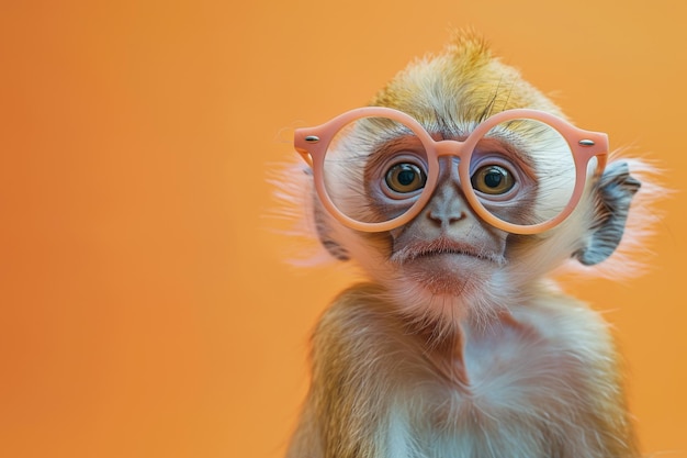 Een aap met een bril staart naar de camera.