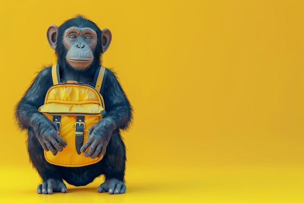 Een aap met een gele rugzak zit op een gele achtergrond