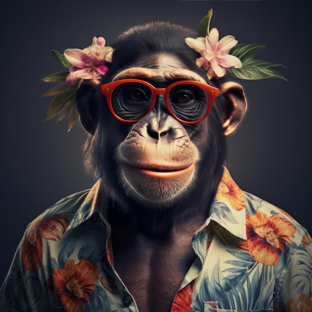 Een aap met een Hawaiiaans shirt en een zonnebril.