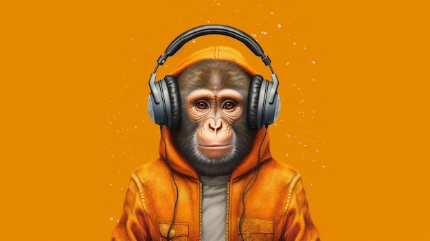 Een aap met een jas en koptelefoon.